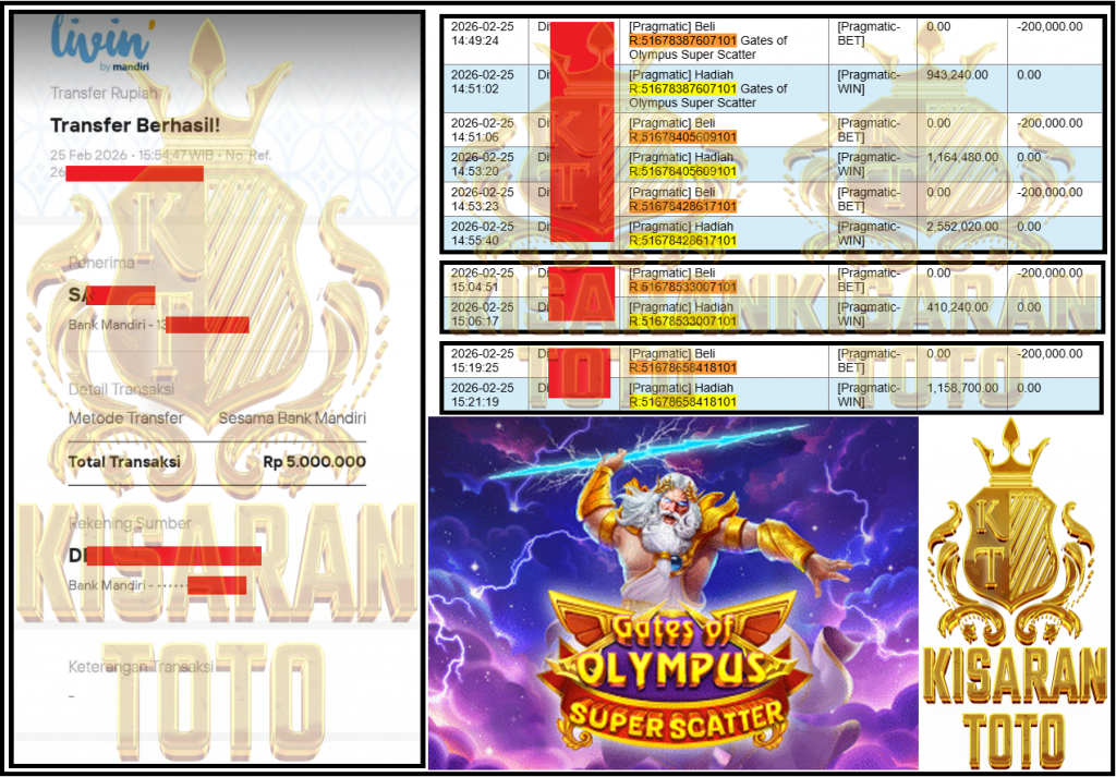 KISARANTOTO JACKPOT PRAGMATIC Gaming ”Gates of Olympus Super Scatter” Rp 5,000,000,- LUNAS