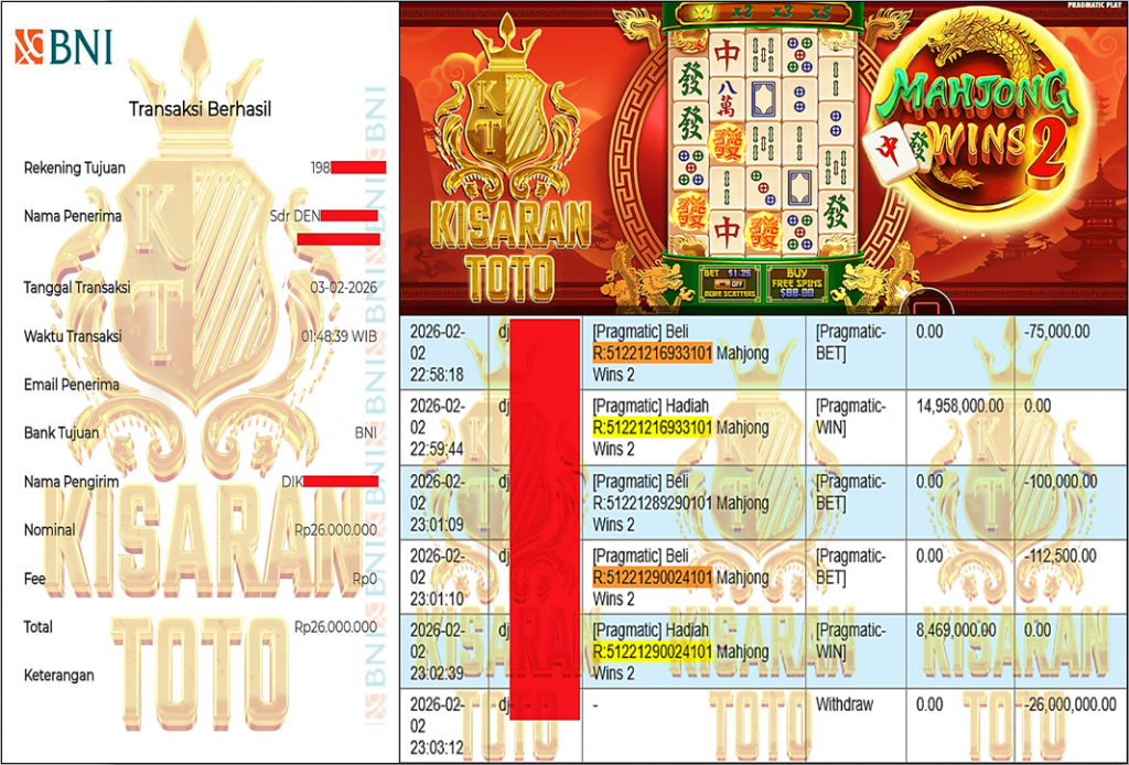 KISARANTOTO JACKPOT PRAGMATIC Gaming ”Mahjong Wins 2” Rp 26,000,000,- LUNAS