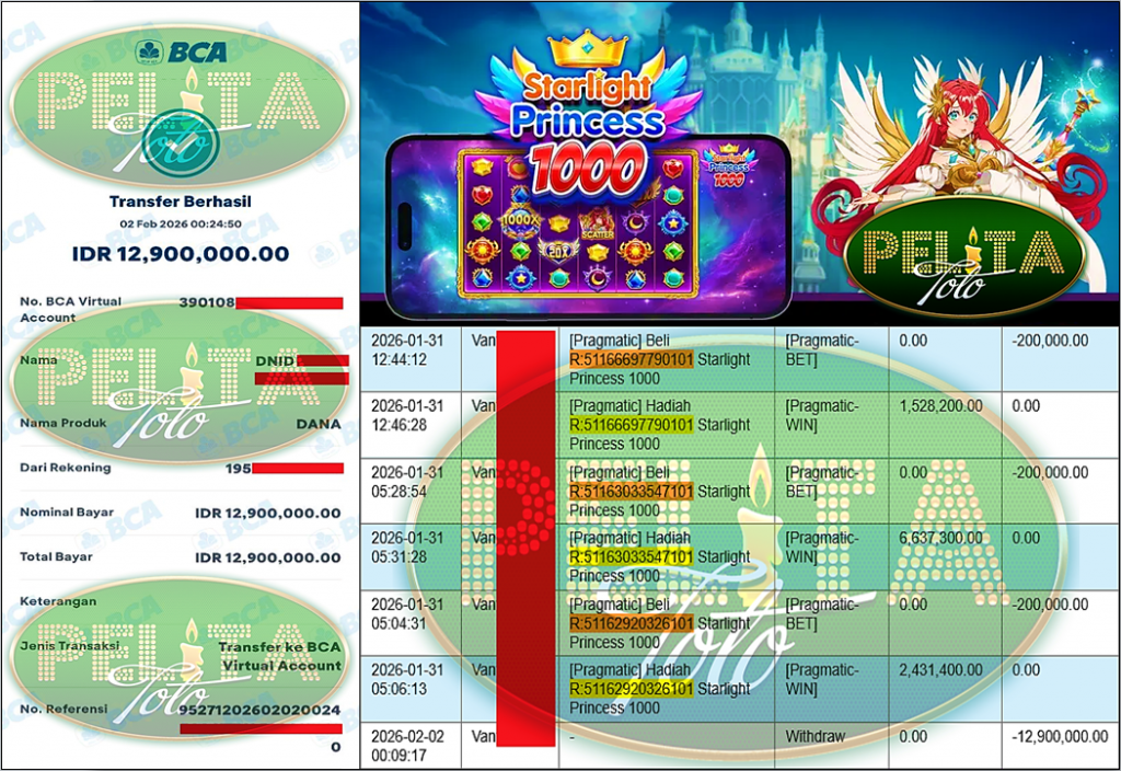 PELITATOTO JACKPOT PRAGMATIC Gaming ”Starlight Princess 1000” Rp 12,900,000,- LUNAS