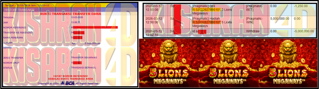 KISARAN4D JACKPOT PRAGMATIC Gaming ”5 Lions Megaways” Rp 5,000,000,- LUNAS